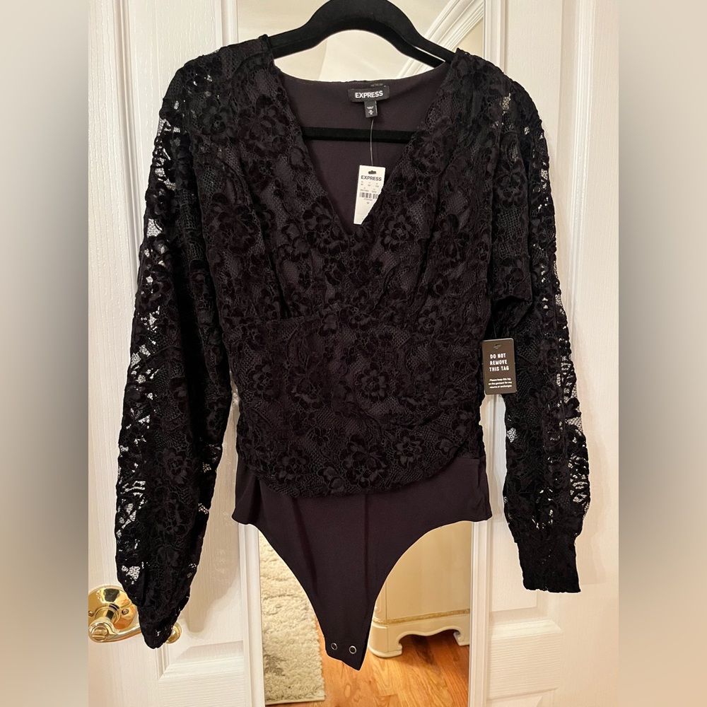 Express Women’s Bodysuit Long Sleeves Floral Lace Pattern